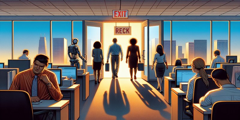 Workers returning to office through revolving door with AI robot stepping aside representing the rehiring trend