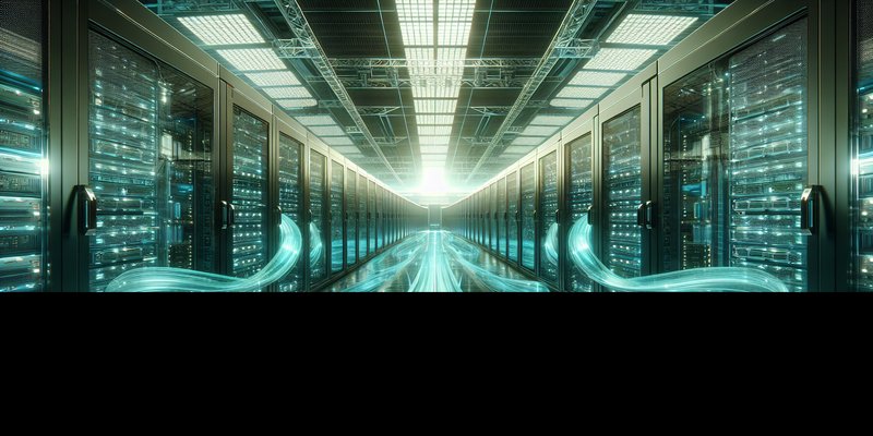 Modern data center with illuminated server racks and stylized venture capital flow lines, representing concentrated funding into AI infrastructure startups