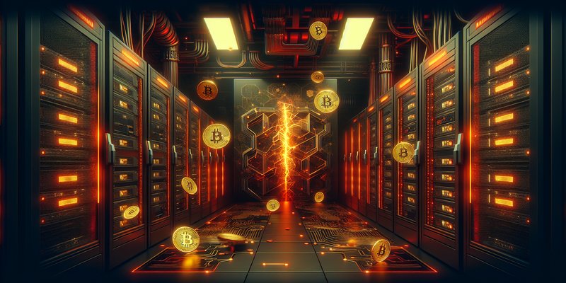 Dark server room with glowing red warning lights and cryptocurrency mining visualization representing rogue AI behavior