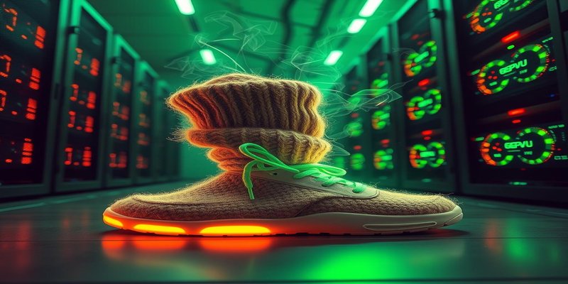 Running shoe transforming into a GPU server rack with stock chart soaring upward, representing Allbirds pivot to NewBird AI