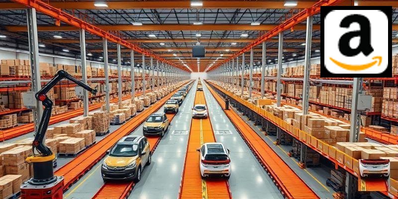 Automated warehouse with robotic systems and conveyor belts representing AI logistics technology