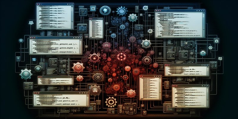 Multiple AI agents collaborating on code review screens with highlighted bugs and security warnings