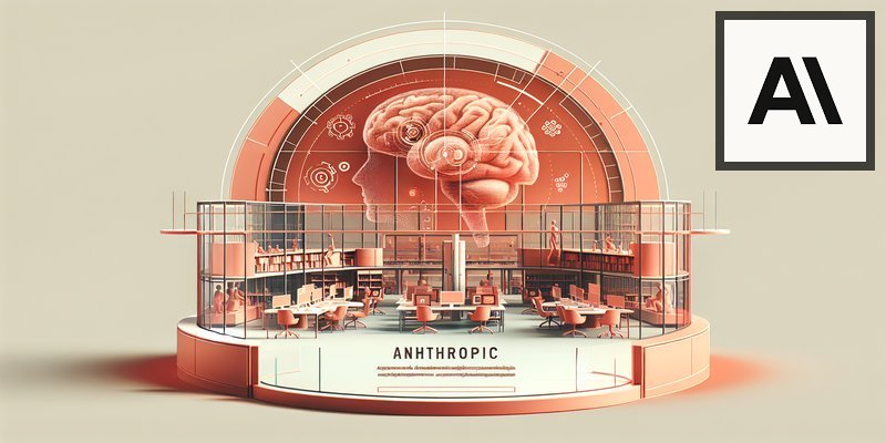 Modern research institute building with Anthropic coral branding elements and abstract AI visualization