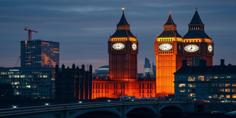 London skyline with Knowledge Quarter buildings and AI company logos, representing Anthropic and OpenAI UK office expansion race