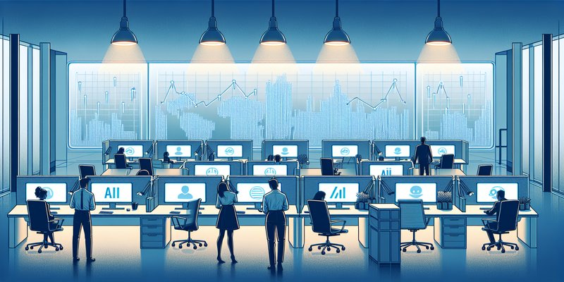 Office workers at desks with AI automation symbols and economic downturn charts overlaid