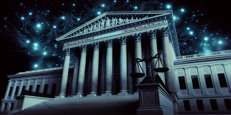 Federal courthouse with scales of justice and AI neural network overlay in dramatic dark blue lighting