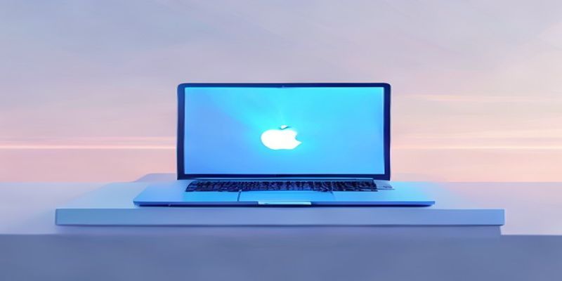 Sleek Apple MacBook Air laptop in sky blue color with glowing M5 chip visualization
