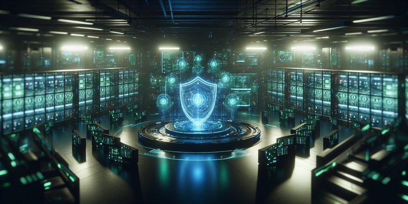 Futuristic cybersecurity command center with AI-powered threat detection displays and digital shield