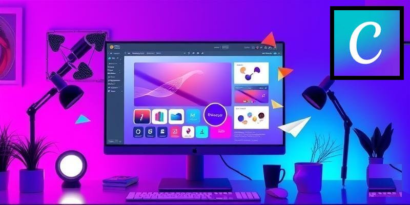 Creative design workspace with digital tools and colorful graphics representing AI-powered design technology