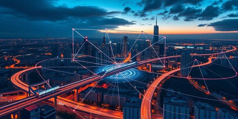 Aerial view of a smart city at night with illuminated streets and connected infrastructure overlays