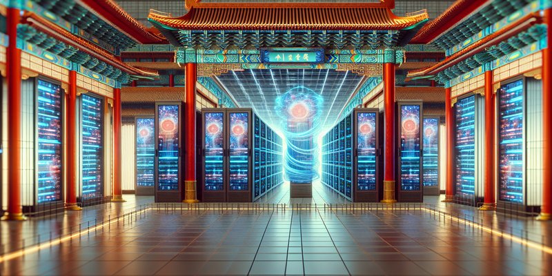 Futuristic Chinese data center with holographic neural network visualizations in deep blue and red tones