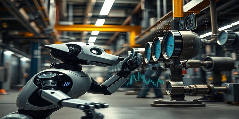 Boston Dynamics Spot robot reading industrial gauges in a factory setting with AI analysis overlay, representing Gemini Robotics-ER 1.6