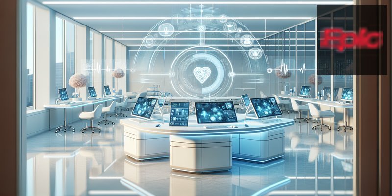 Modern hospital setting with holographic AI agent interfaces floating above medical workstations