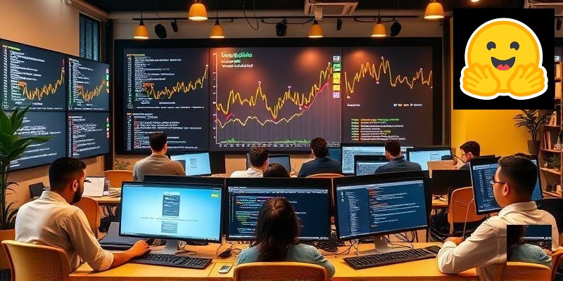 Diverse team of developers collaborating on open-source AI projects at a modern office workspace