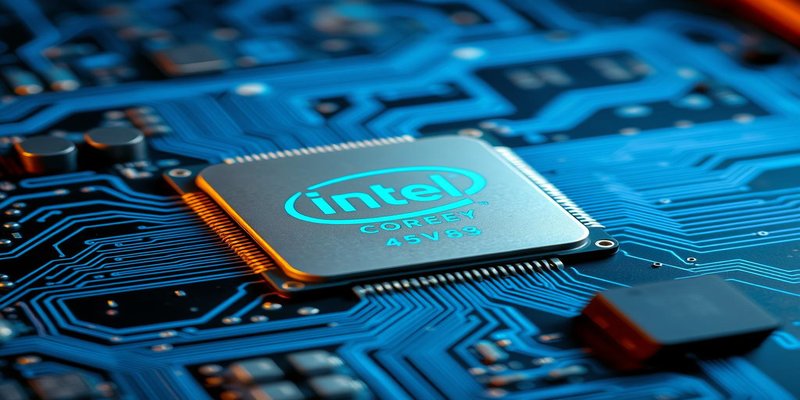 Intel processor chip with circuit board traces and laptop computer in background, representing the Wildcat Lake Core Series 3 launch