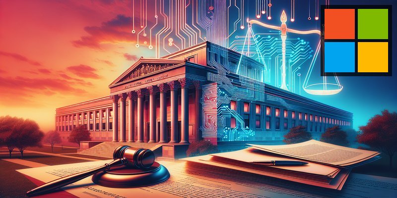 Federal courthouse with Microsoft and Anthropic logos overlaid on scales of justice with tech circuit patterns