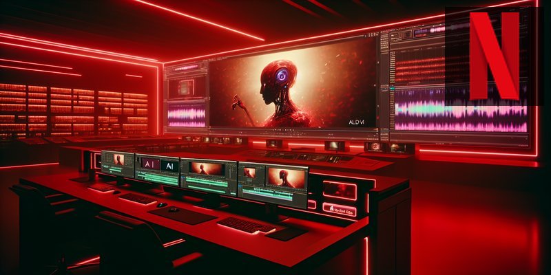 Netflix logo with AI filmmaking visual effects and movie production studio backdrop