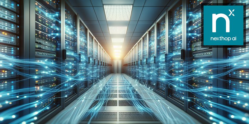 High-tech data center with illuminated networking switches and fiber optic cables in blue lighting