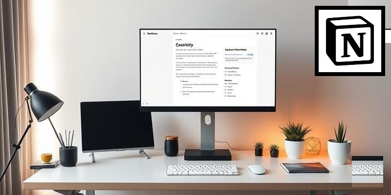 Modern productivity workspace with a laptop displaying collaborative documents and AI assistant features