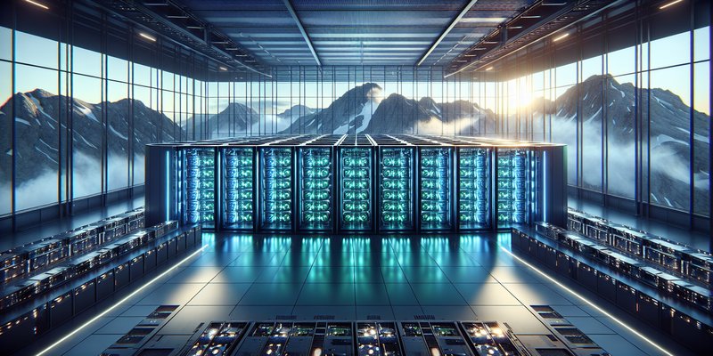 Futuristic European data center with rows of glowing GPU servers and green energy indicators in cool blue lighting
