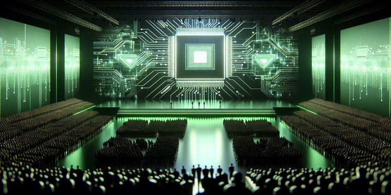 NVIDIA GTC conference stage with futuristic green-lit chip architecture visualizations and Jensen Huang silhouette