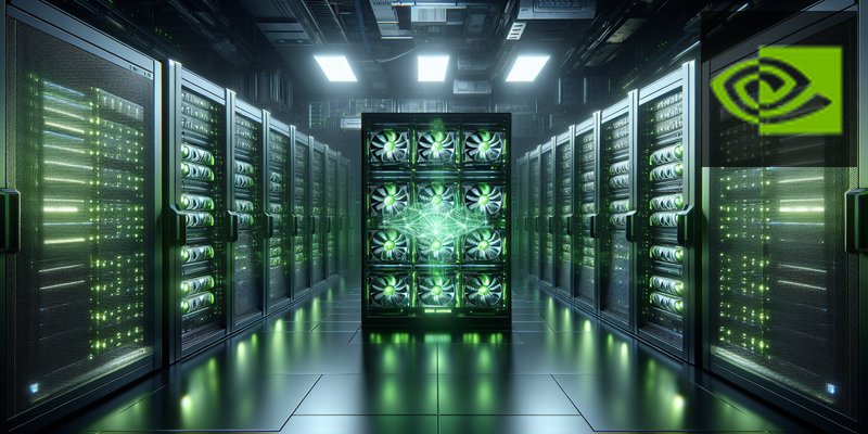 Futuristic data center with green Nvidia-branded GPU clusters and holographic AI neural network