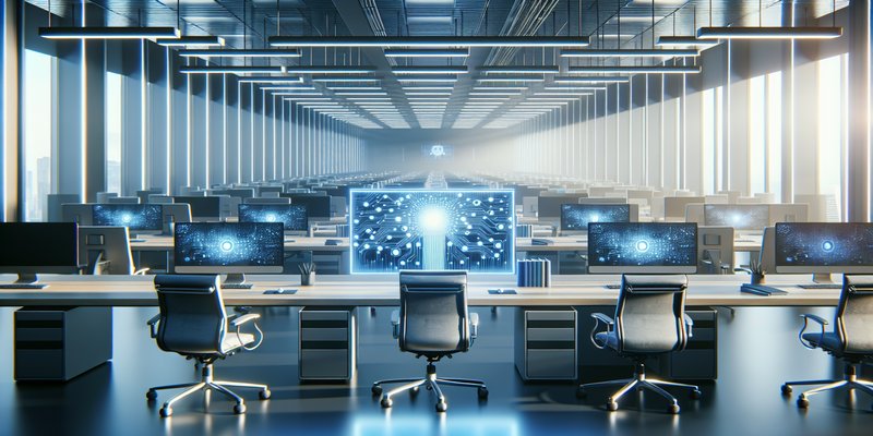 Empty office desks and computer workstations symbolizing entry-level hiring freeze due to AI automation