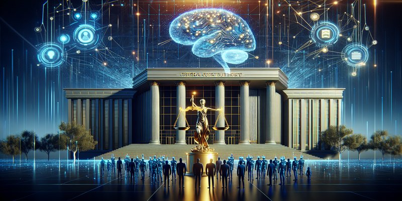 Courthouse scales of justice with AI company logos symbolizing cross-industry legal solidarity