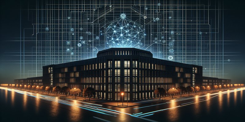 Pentagon building with digital surveillance overlay and AI neural network patterns in dark moody lighting