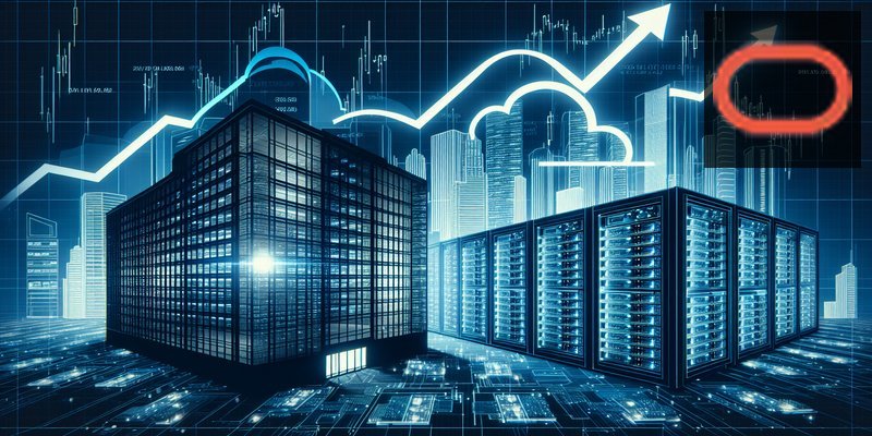 Oracle corporate headquarters with upward-trending stock chart and cloud computing visualization