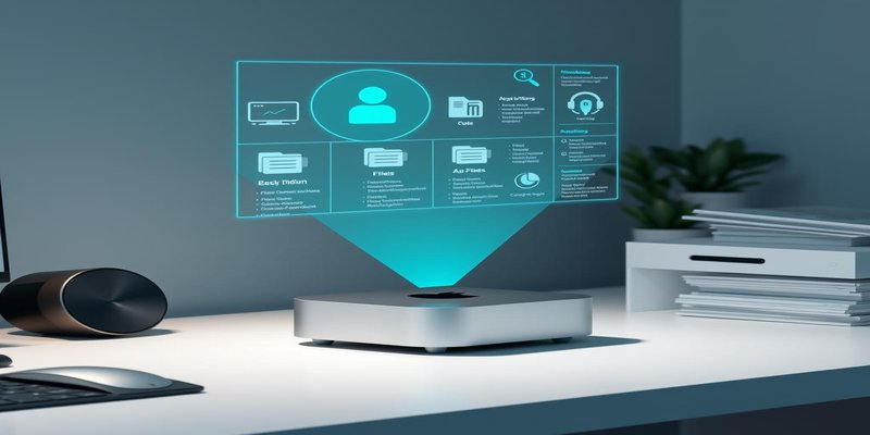 Mac computer with AI interface overlay showing file management and app control, representing Perplexity Personal Computer agent