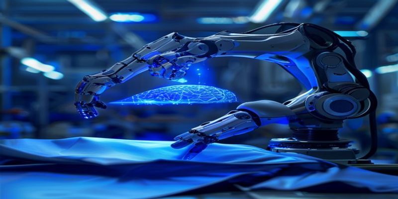 Robotic arm performing complex manipulation task with AI visualization overlay, representing Physical Intelligence pi-0.7 capabilities