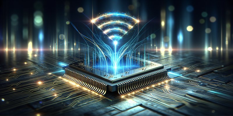 Futuristic wireless connectivity visualization with Qualcomm chip and high-speed data streams in blue and gold