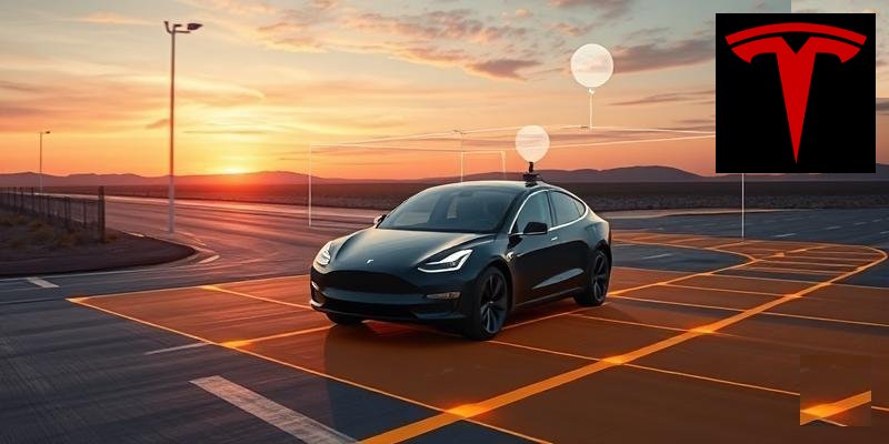 Tesla electric vehicle on a highway representing autonomous driving technology and AI-powered self-driving capabilities