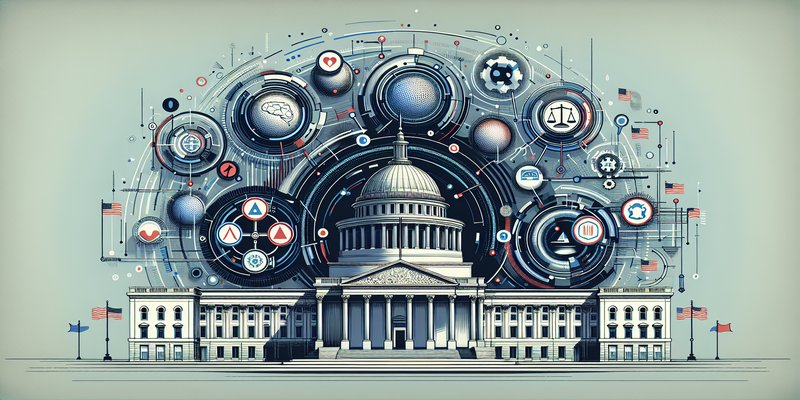U.S. Capitol building with digital AI regulation symbols and state flags in the background