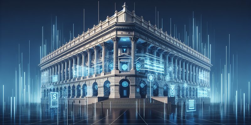Government building with digital AI contract documents and federal seal in blue and white tones