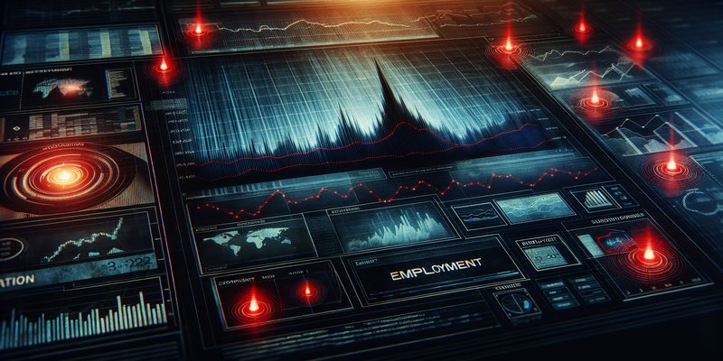 Downward trending employment chart with red indicators against a dark financial dashboard background