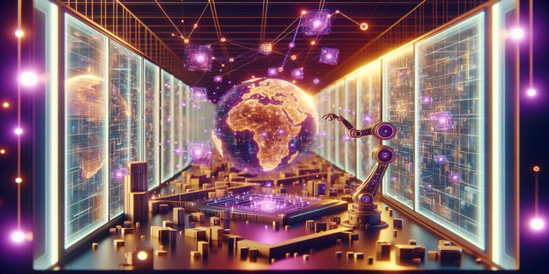 Futuristic AI lab with holographic world model simulations and robotics research environment